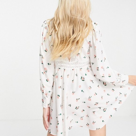 ASOS Design Lace Insert Mini Skater Dress in Ditsy Floral Print - Picture 6 of 7